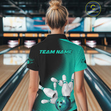Load image into Gallery viewer, Custom Black And Ball Blue Bowling Polo Shirts For Women, Blue Bowling Jerseys IPHW9402