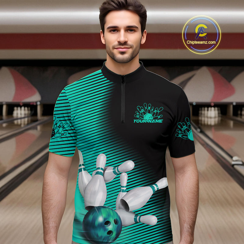 Custom Black And Ball Blue Bowling Quarter-Zip Shirts For Men, Blue Bowling Jerseys IPHW9402
