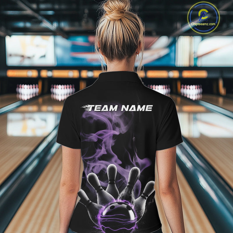 Custom Purple Smoke Bowling Quarter-Zip Team Shirts For Women, Flame Bowling League Shirt IPHW9563