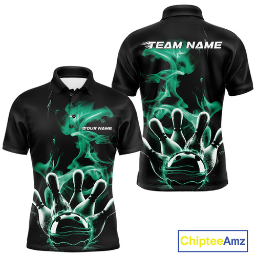 Custom Green Smoke Bowling Polo Team Shirts For Men, Flame Bowling League Shirt IPHW9566