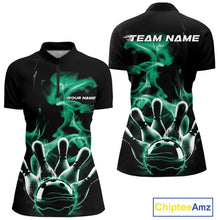 Load image into Gallery viewer, Custom Green Smoke Bowling Quarter-Zip Team Shirts For Women, Flame Bowling League Shirt IPHW9566