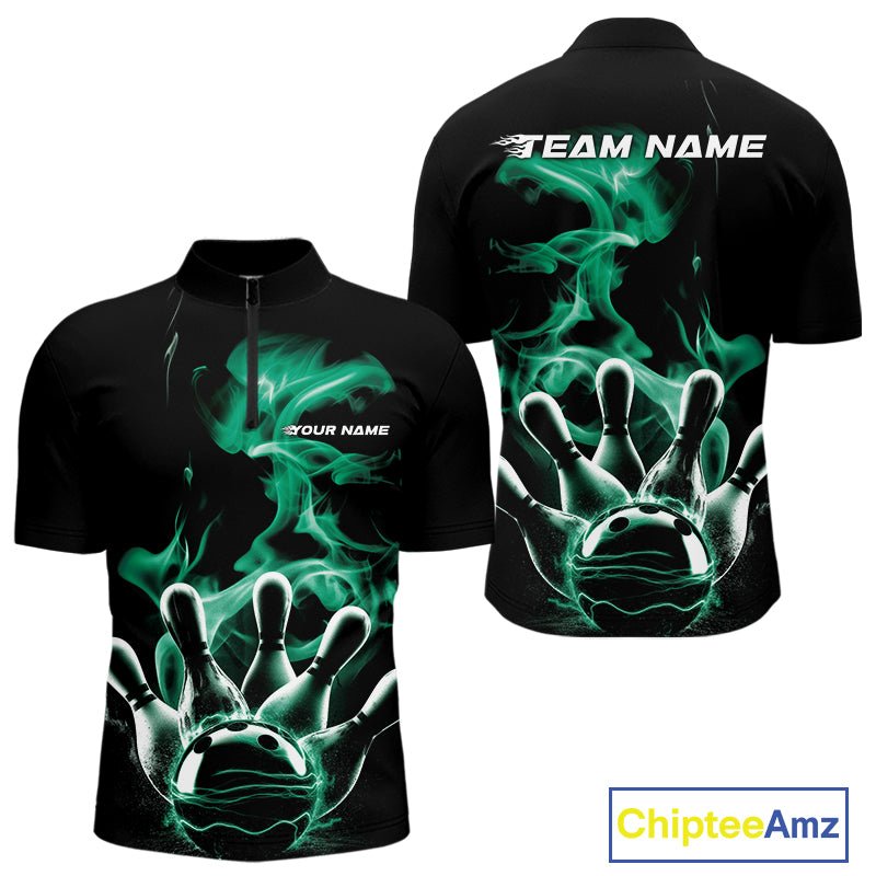 Custom Green Smoke Bowling Quarter-Zip Team Shirts For Men, Flame Bowling League Shirt IPHW9566