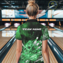 Load image into Gallery viewer, Custom Green Fire Flame Skull Bowling Polo Shirts For Women, Halloween Bowling Outfits IPHW9577