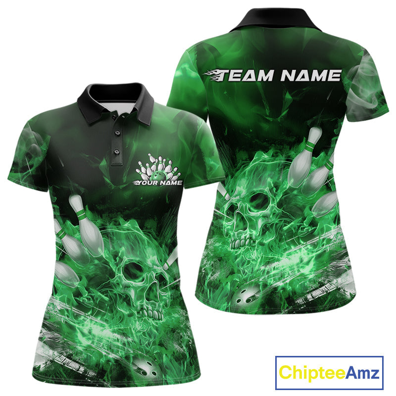 Custom Green Fire Flame Skull Bowling Polo Shirts For Women, Halloween Bowling Outfits IPHW9577