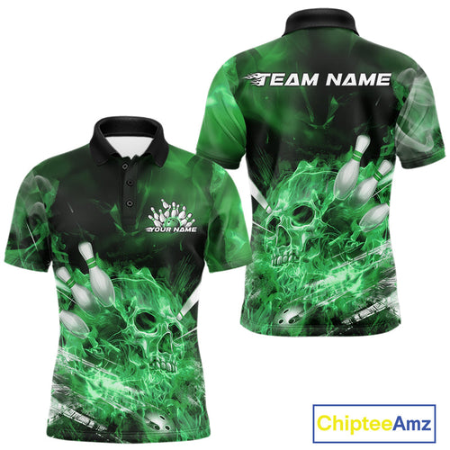 Custom Green Fire Flame Skull Bowling Polo Shirts For Men, Halloween Bowling Outfits IPHW9577