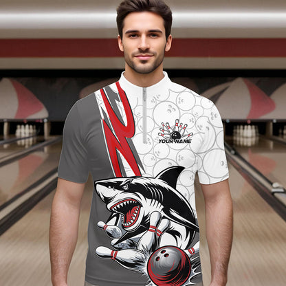 Custom Red Shark Bowling Quarter-Zip Shirts For Men, Shark Bowling Team Tournament Outfits IPHW8728