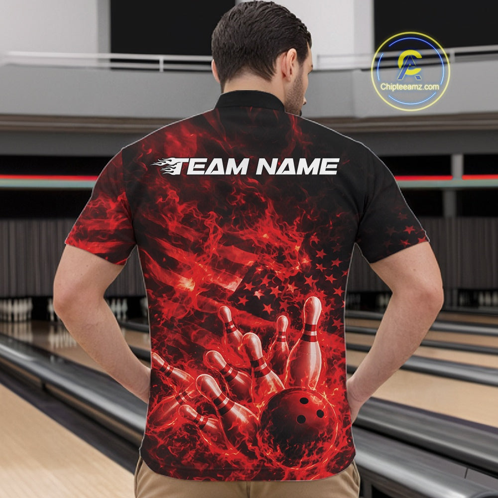 Front view of a black and red bowling quarter-zip showcasing a bowling ball hitting pins with flames and flag-inspired artwork.