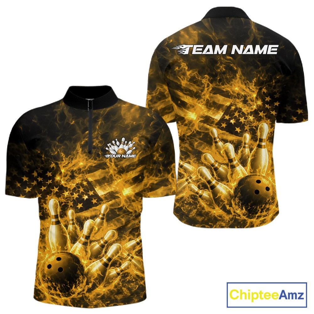 Front and back mens bowling quarter-zip in black and yellow featuring a bowling ball crashing into pins with flames and patriotic background graphics.