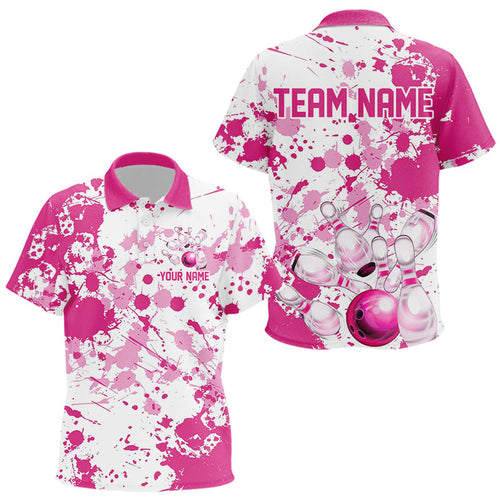 Custom Pink Bowling Polo Shirts For Kid, Splatter Bowling Team Jerseys With Name IPHW7052
