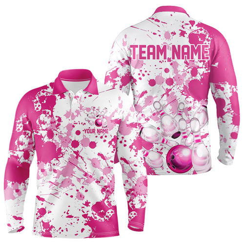 Custom Pink Bowling Long Sleeve Polo Shirts For Men, Splatter Bowling Team Jerseys With Name IPHW7052