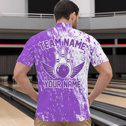 Personalized White And Purple Bowling Team Quarter-Zip Shirts For Men, Bowling Tournament Outfits IPHW8744