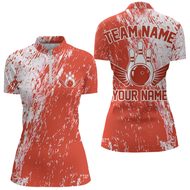 Custom White And Orange Bowling Quarter-Zip Shirts For Women, Bowling Tournament Outfits IPHW8745