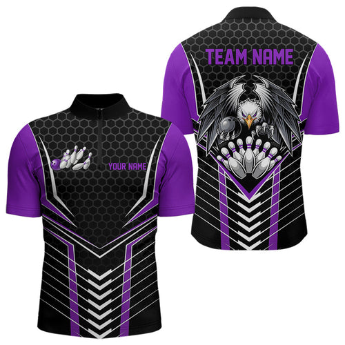 Custom Black And Purple Eagle Bowling Jerseys, Bowling Team Men Quarter-Zip Shirts Bowlers Outfits IPHW8749