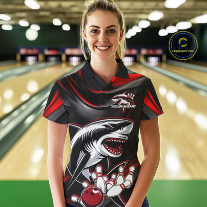 Custom Black And Red Shark Bowling Team Polo Shirts For Women, Bowling League Shirt IPHW9002