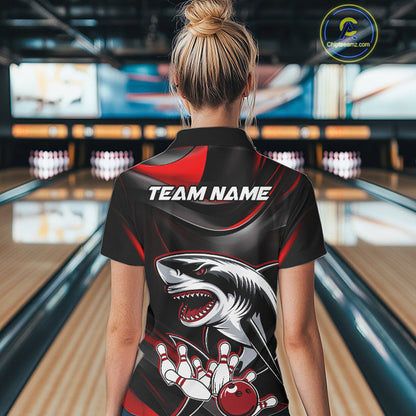 Custom Black And Red Shark Bowling Team Polo Shirts For Women, Bowling League Shirt IPHW9002