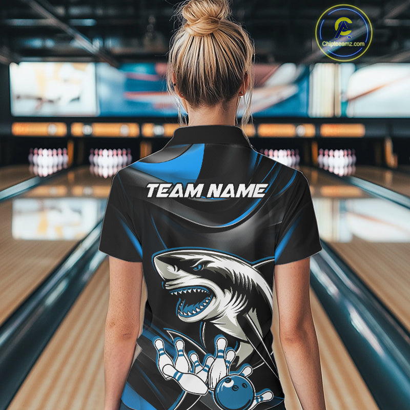 Custom Black And Blue Shark Bowling Team Polo Shirts For Women, Bowling League Shirt IPHW9003