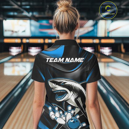Custom Black And Blue Shark Bowling Team Polo Shirts For Women, Bowling League Shirt IPHW9003