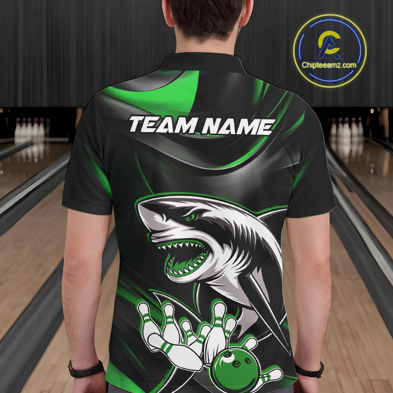 Custom Black And Green Shark Bowling Team Polo Shirts For Men, Bowling League Shirt IPHW9004