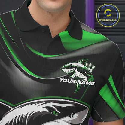 Custom Black And Green Shark Bowling Team Polo Shirts For Men, Bowling League Shirt IPHW9004