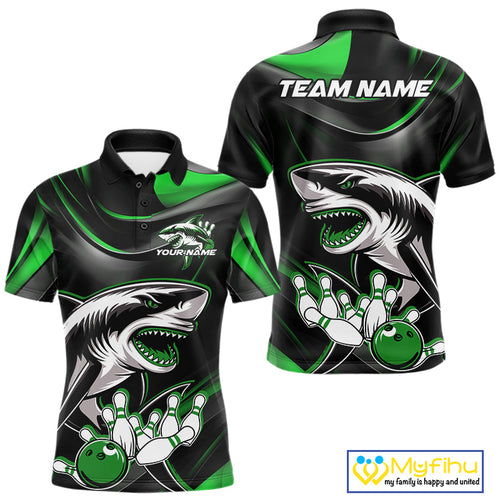 Custom Black And Green Shark Bowling Team Polo Shirts For Men, Bowling League Shirt IPHW9004