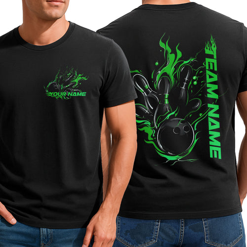 Custom Black And Green Flame Strike Bowling T-Shirts For Men, Unique Design IPHW9057