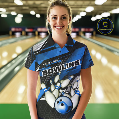 Custom Black And Blue Hexagon Pattern Bowling Polo Shirts For Women, Bowling Team Uniform IPHW9422