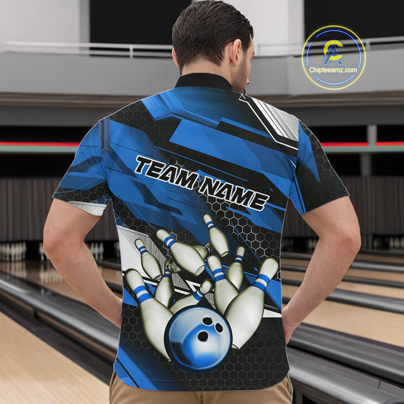 Custom Black And Blue Hexagon Pattern Bowling Quarter-Zip Shirts For Men, Bowling Team Uniform IPHW9422