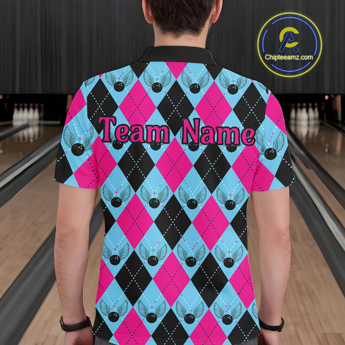 Blue And Pink Argyle Pattern Custom Bowling Shirts For Men, Personalized Bowling Team Shirt IPHW7306