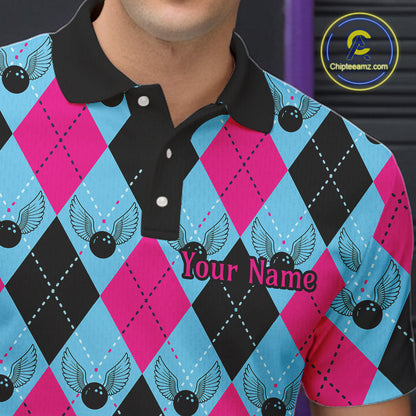 Blue And Pink Argyle Pattern Custom Bowling Shirts For Men, Personalized Bowling Team Shirt IPHW7306