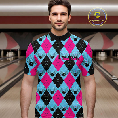 Blue And Pink Argyle Pattern Custom Bowling Shirts For Men, Personalized Bowling Team Shirt IPHW7306