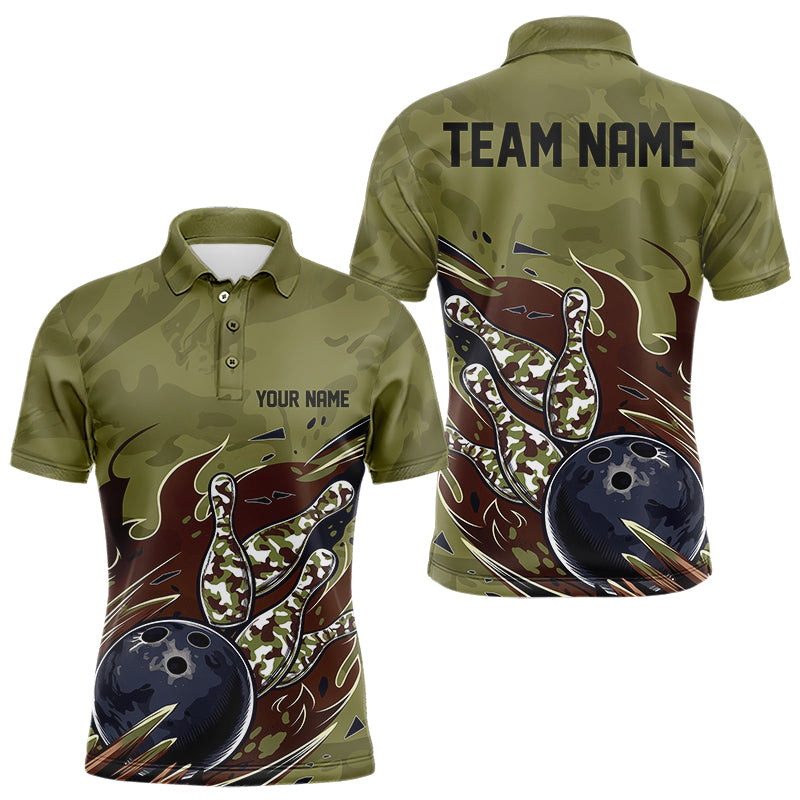 Custom Military Camo Bowling Polo Shirts For Men, Patriotic Veteran Bowling Team Shirt IPHW8038