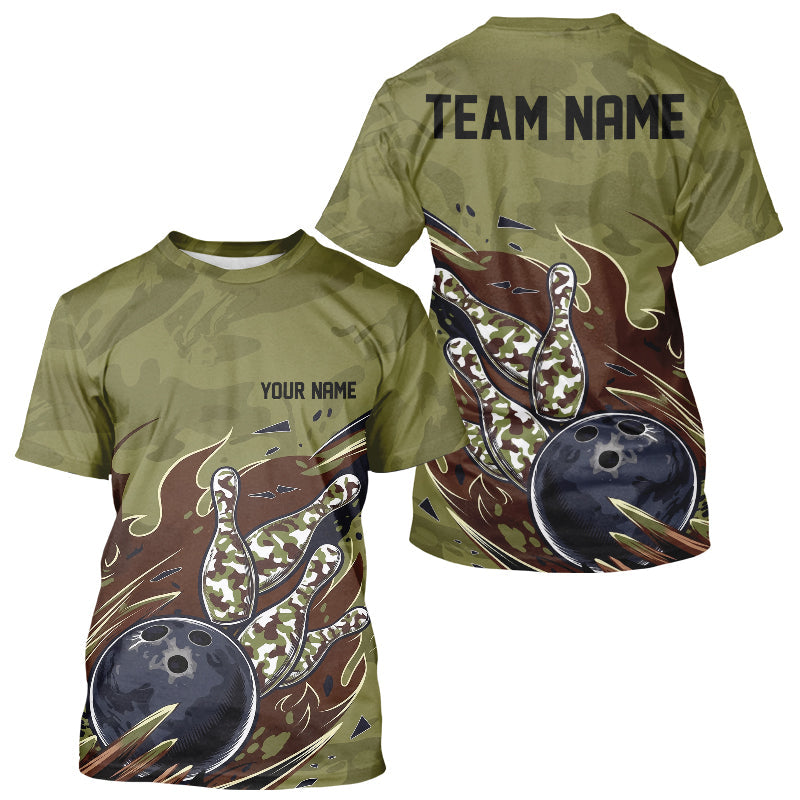 Custom Military Camo Men Bowling, Patriotic Veteran Flame Camouflage Team IPHW8038