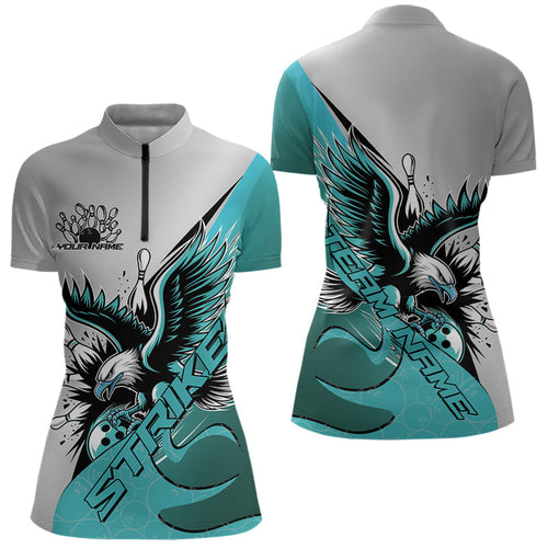 Custom Blue Eagle Bowling Team Women Quarter-Zip Shirt, Bowling Team Shirt Bowlers Outfit IPHW8755