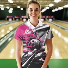 Load image into Gallery viewer, Custom Black And Pink Striking Bowling Polo Shirts For Women, Team Uniform Bowlers Outfits IPHW8764