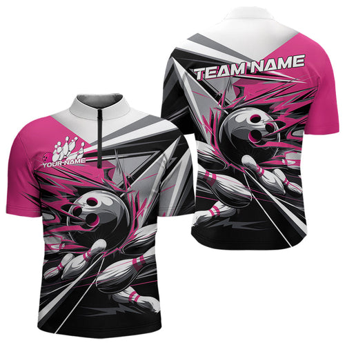Custom Black And Pink Striking Bowling Quarter-Zip Shirts For Men, Team Uniform Bowlers Outfits IPHW8764