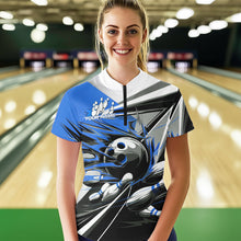Load image into Gallery viewer, Custom Black And Blue Striking Bowling Womens Quarter-Zip Shirts, Team Bowlers Outfits IPHW8765