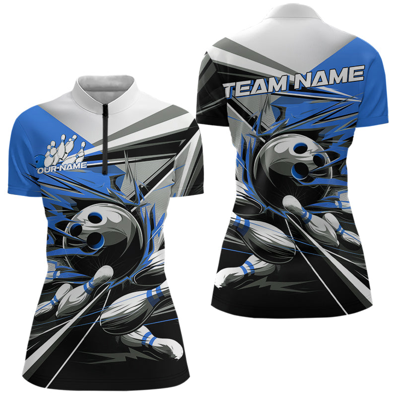 Custom Black And Blue Striking Bowling Womens Quarter-Zip Shirts, Team Bowlers Outfits IPHW8765