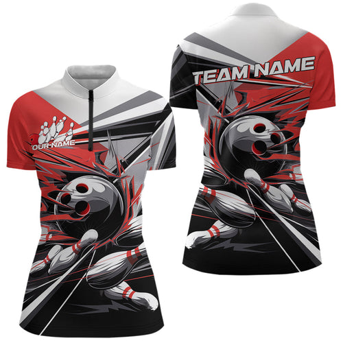 Custom Black And Red Striking Bowling Womens Quarter-Zip Shirts, Team Bowlers Outfits IPHW8766
