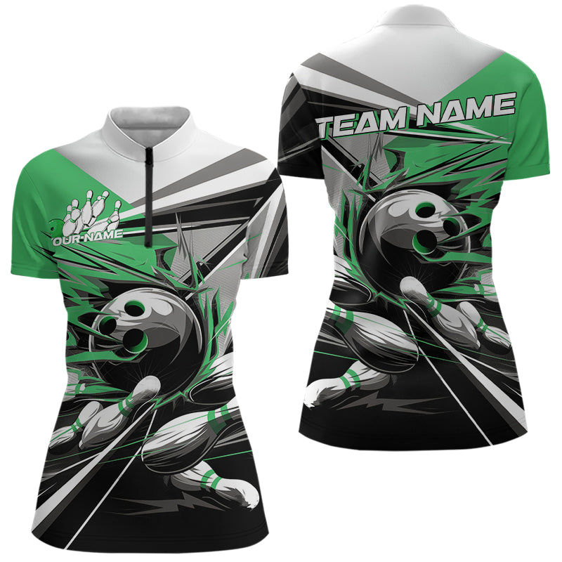 Custom Black And Green Striking Bowling Womens Quarter-Zip Shirts, Team Bowlers Outfits IPHW8767