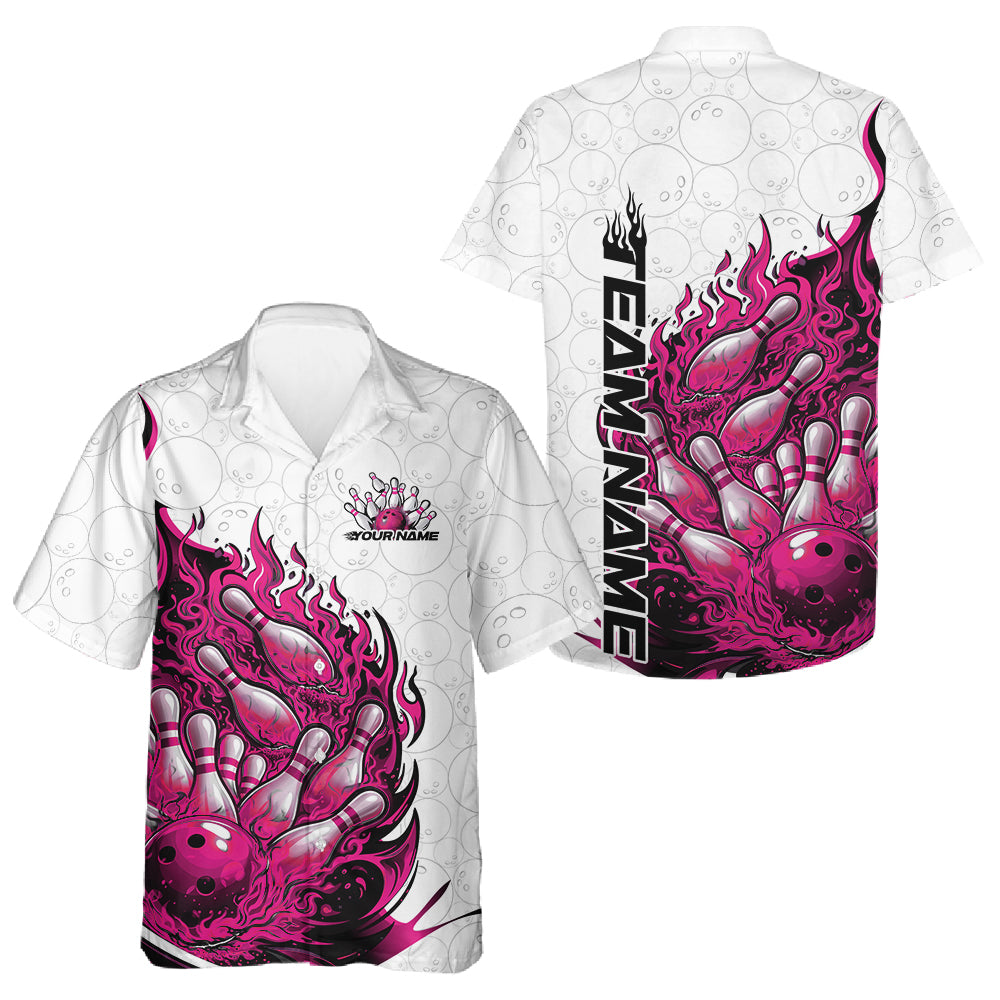 Front and back views of a white and pink button-up bowling shirt featuring a flaming bowling ball striking bowling pins.