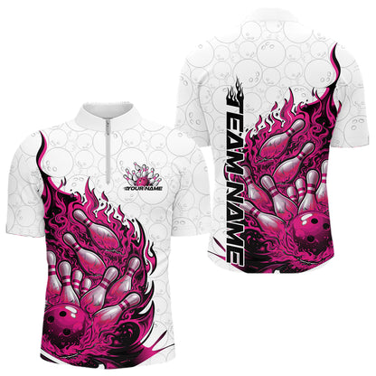 Front and back view men’s quarter-zip bowling shirt mockup featuring flaming bowling ball crashing into pins fiery style on white and blue fabric
