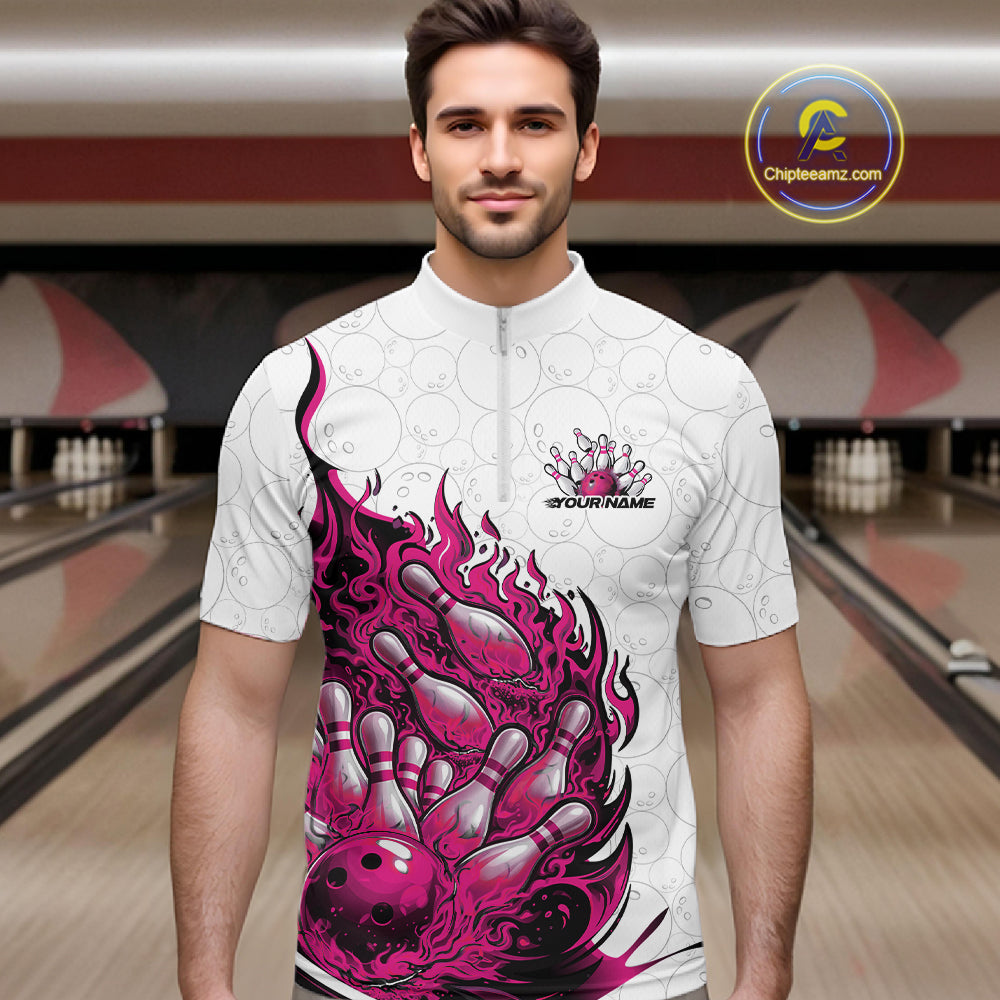 Male model in bowling lane wearing quarter-zip shirt with flaming bowling ball crashing pins white blue dynamic sports artwork