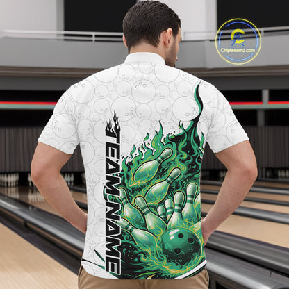 Front view male model in bowling lane wearing quarter-zip shirt featuring flaming bowling ball crashing pins white pink fiery design