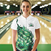 Load image into Gallery viewer, Cusom Green Flame Bowling Women Quarter-Zip Team Shirt, Fire Bowling Tournament Jersey IPHW11131