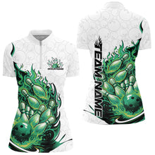Load image into Gallery viewer, Cusom Green Flame Bowling Women Quarter-Zip Team Shirt, Fire Bowling Tournament Jersey IPHW11131