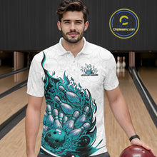 Load image into Gallery viewer, Cusom Turquoise Blue Flame Bowling Men Polo Team Shirt, Fire Bowling Tournament Jersey IPHW11132