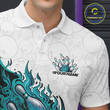 Load image into Gallery viewer, Cusom Turquoise Blue Flame Bowling Men Polo Team Shirt, Fire Bowling Tournament Jersey IPHW11132