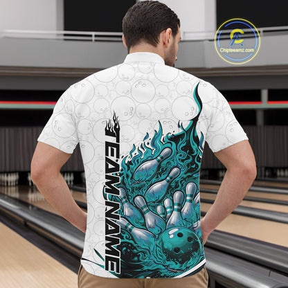Front view male model in bowling lane wearing quarter-zip shirt featuring flaming bowling ball crashing pins white green fiery design