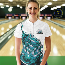 Load image into Gallery viewer, Cusom Turquoise Blue Flame Bowling Women Team Shirt, Fire Bowling Tournament Jersey IPHW11132