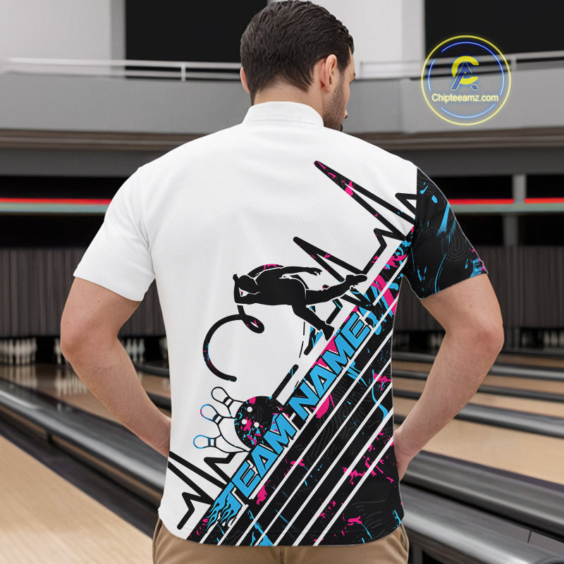 Custom Blue And Pink Camo Strike Bowling Quarter-Zip Shirts For Men, Bowling Heartbeat Pulse Line IPHW9248